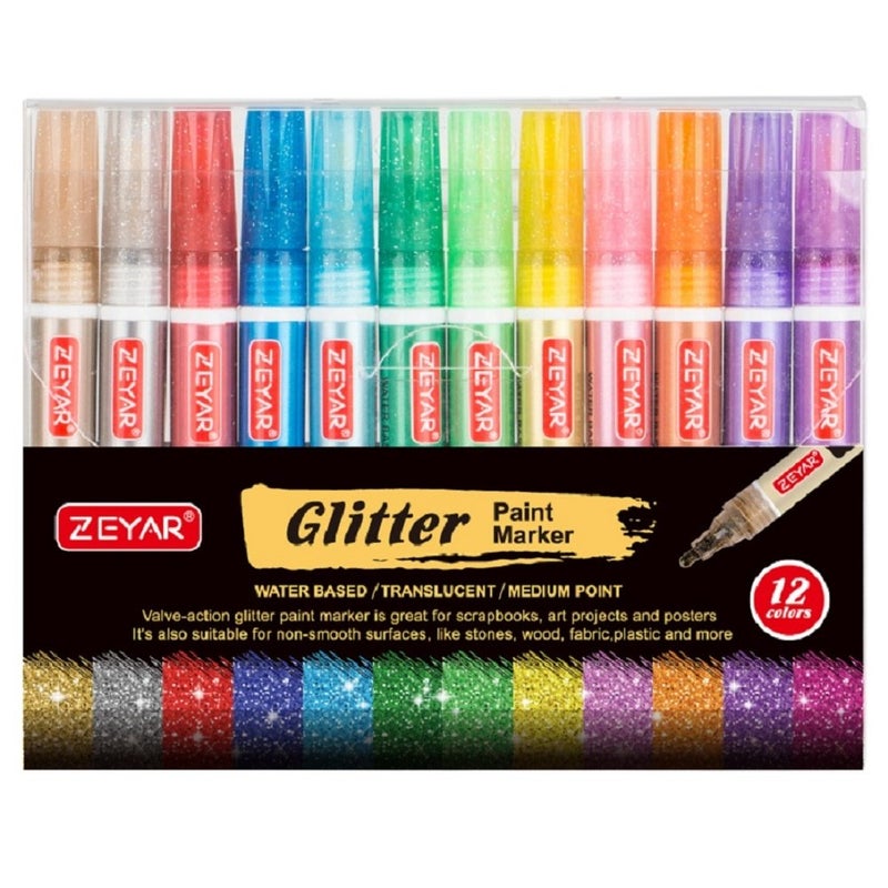 ZEYAR Glitter Paint Pens, Water-based, Medium Point, 12 Colors, Great for Greeting Card, Posters, Albums, Gift cards and ONLY Light-Colored Surfaces - Image 4